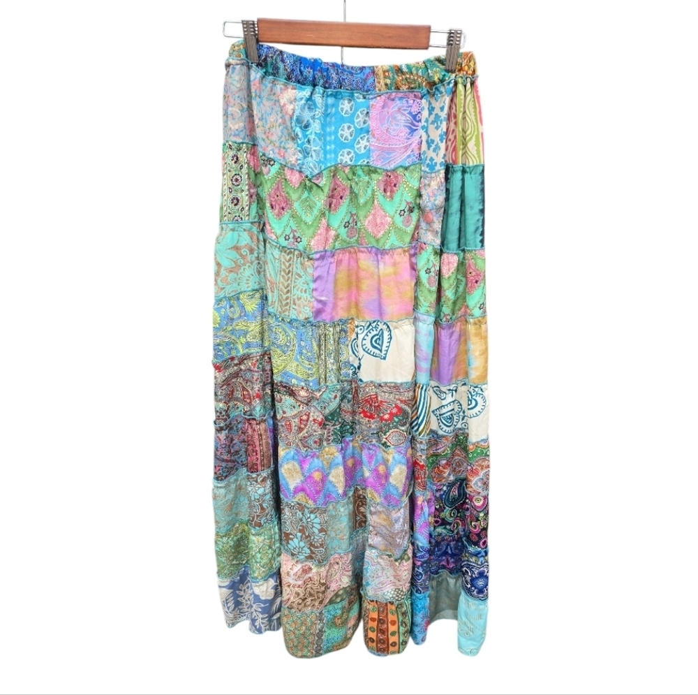 India  Boutique  Silk Hippie Boho Patchwork Maxi Tiered Skirt - Picture 3 of 12